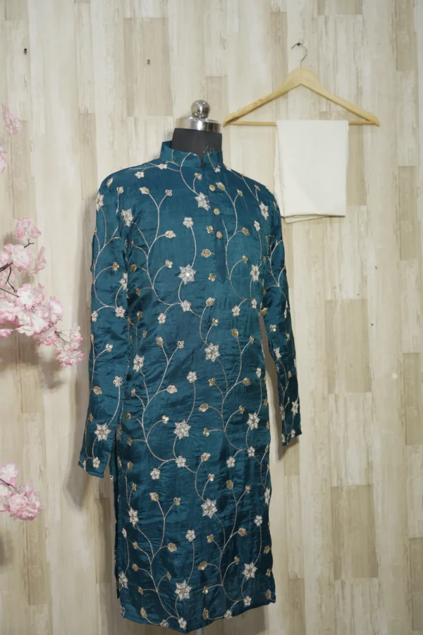 Teal Blue Silk Kurta with Intricate Golden Floral Embroidery