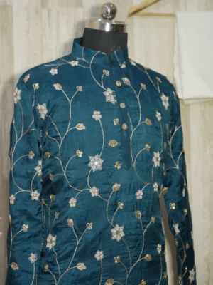 Teal Blue Silk Kurta with Intricate Golden Floral Embroidery