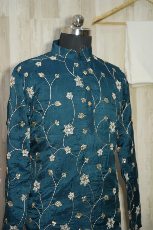 Teal Blue Silk Kurta with Intricate Golden Floral Embroidery
