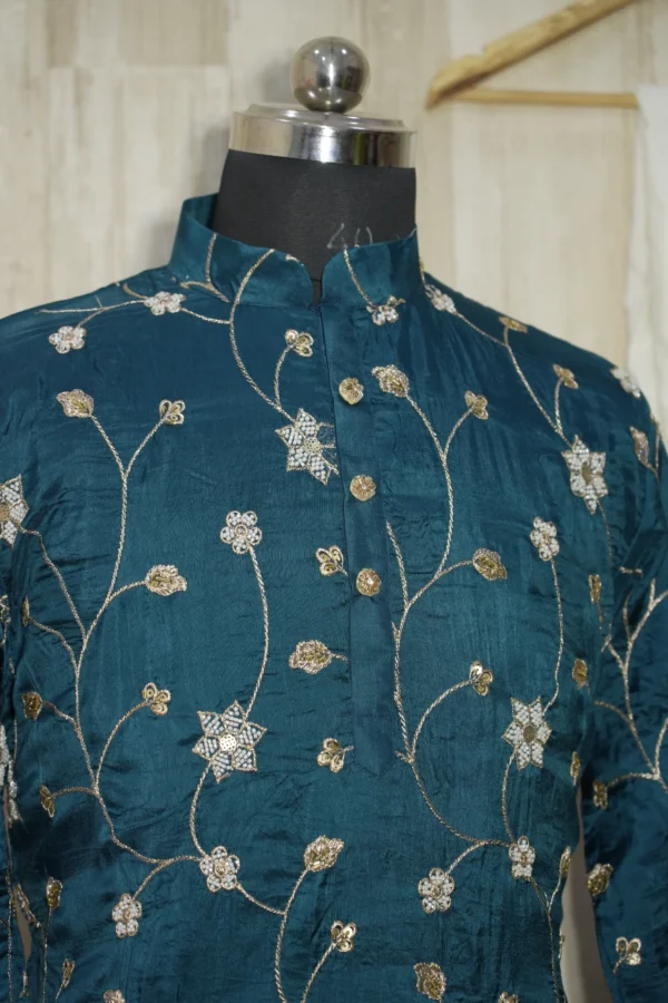 Teal Blue Silk Kurta with Intricate Golden Floral Embroidery