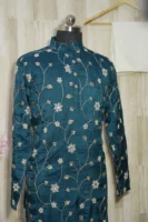 Teal Blue Silk Kurta with Intricate Golden Floral Embroidery