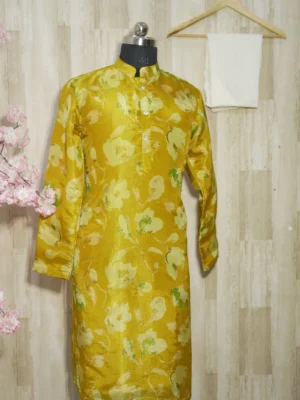 Golden Floral Silk Kurta with Subtle Green Leaf Motifs