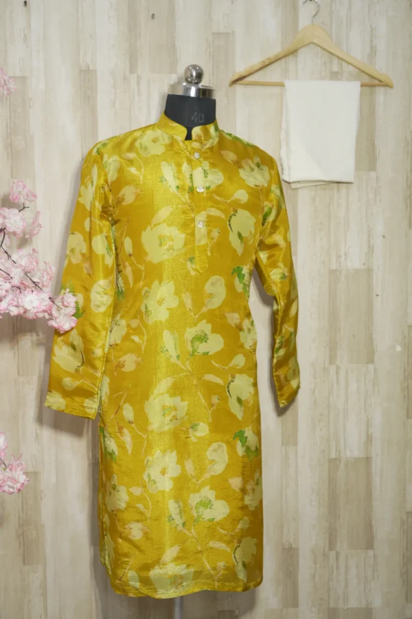 Golden Floral Silk Kurta with Subtle Green Leaf Motifs