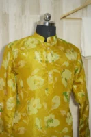 Golden Floral Silk Kurta with Subtle Green Leaf Motifs