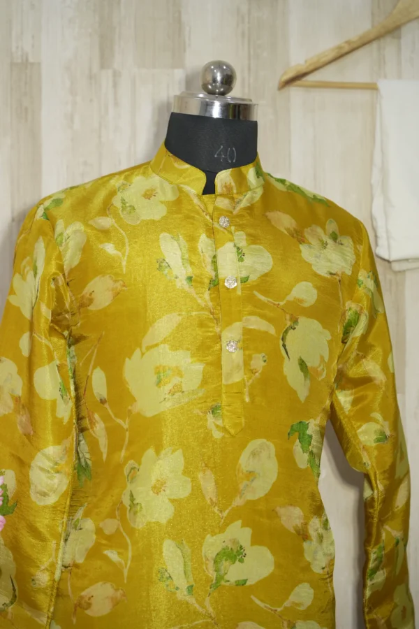 Golden Floral Silk Kurta with Subtle Green Leaf Motifs