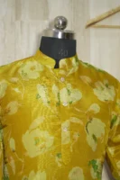 Golden Floral Silk Kurta with Subtle Green Leaf Motifs