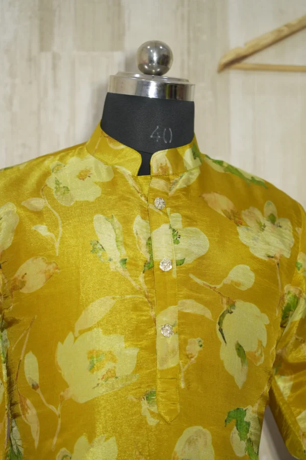 Golden Floral Silk Kurta with Subtle Green Leaf Motifs