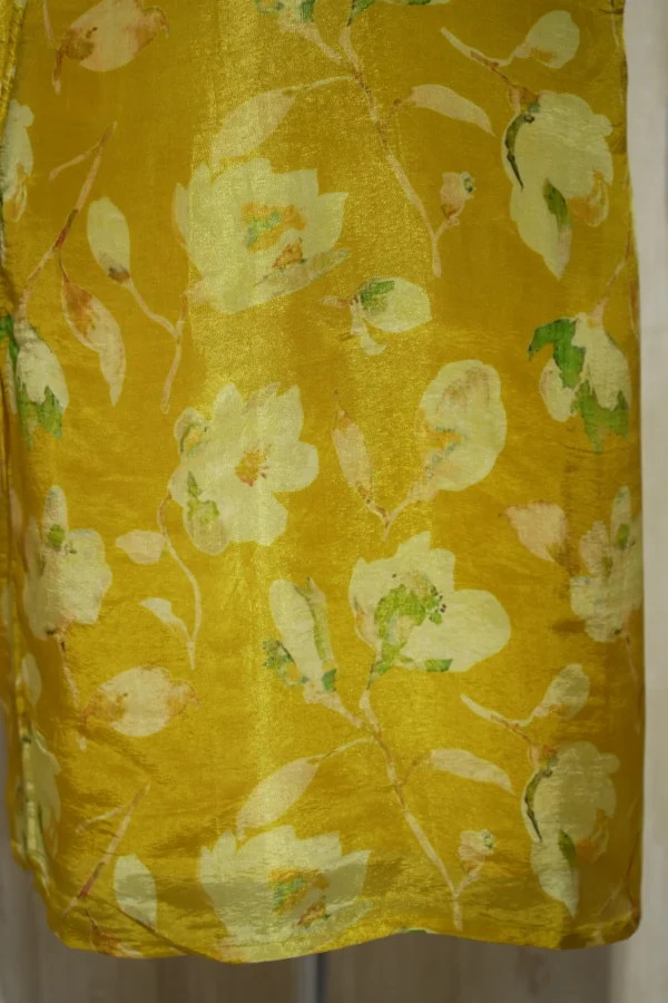 Golden Floral Silk Kurta with Subtle Green Leaf Motifs