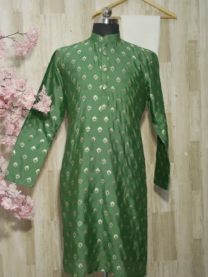 Emerald Green Silk Kurta with Golden Zari Motifs