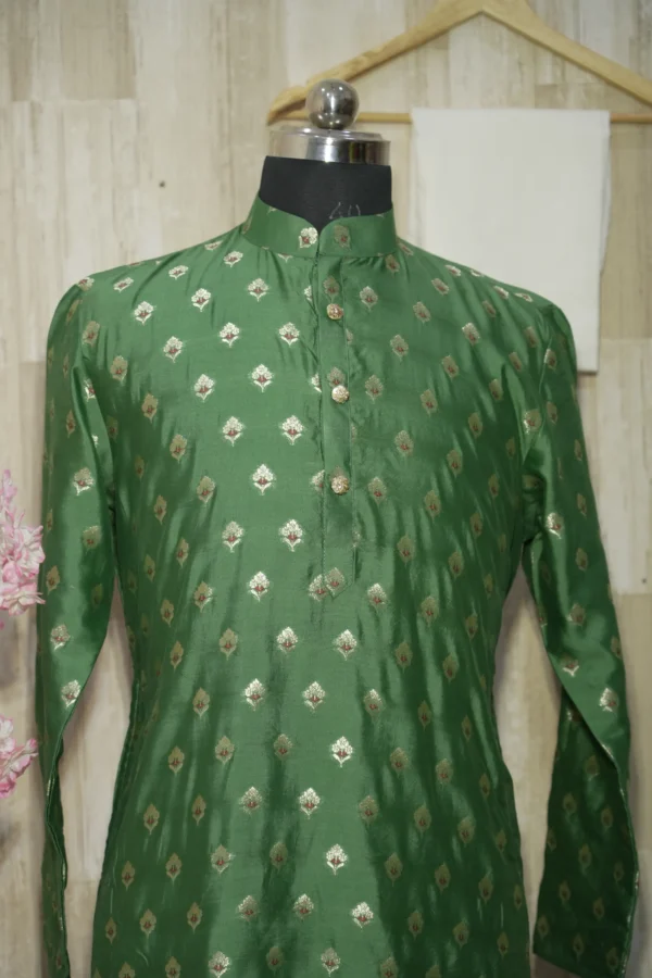Emerald Green Silk Kurta with Golden Zari Motifs