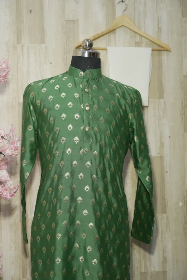 Emerald Green Silk Kurta with Golden Zari Motifs