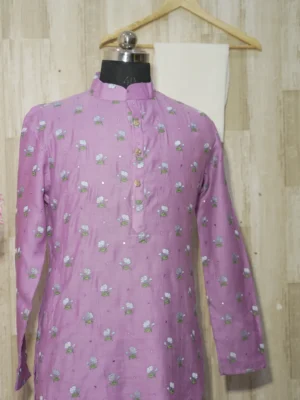 Lavender Floral Embroidered Cotton Kurta