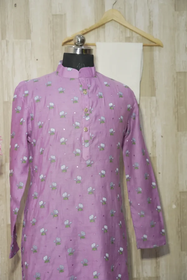 Lavender Floral Embroidered Cotton Kurta