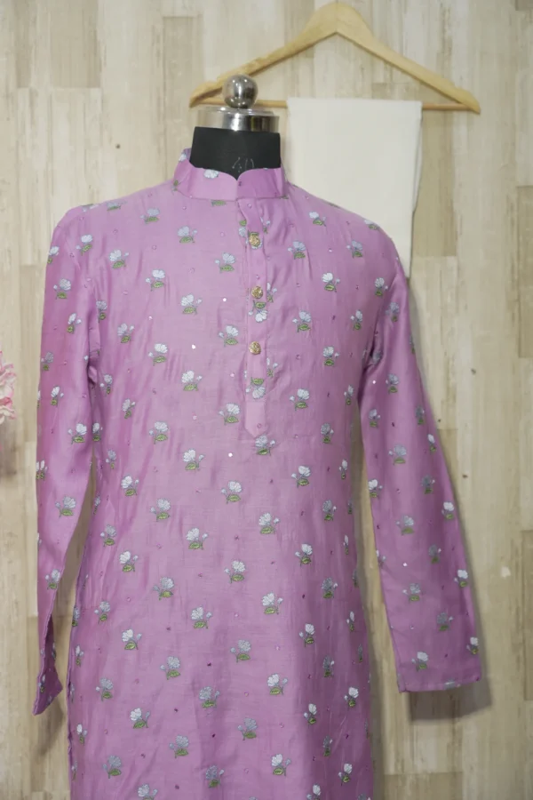 Lavender Floral Embroidered Cotton Kurta