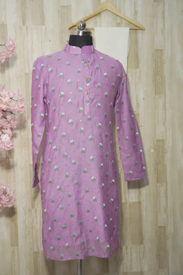 Lavender Floral Embroidered Cotton Kurta