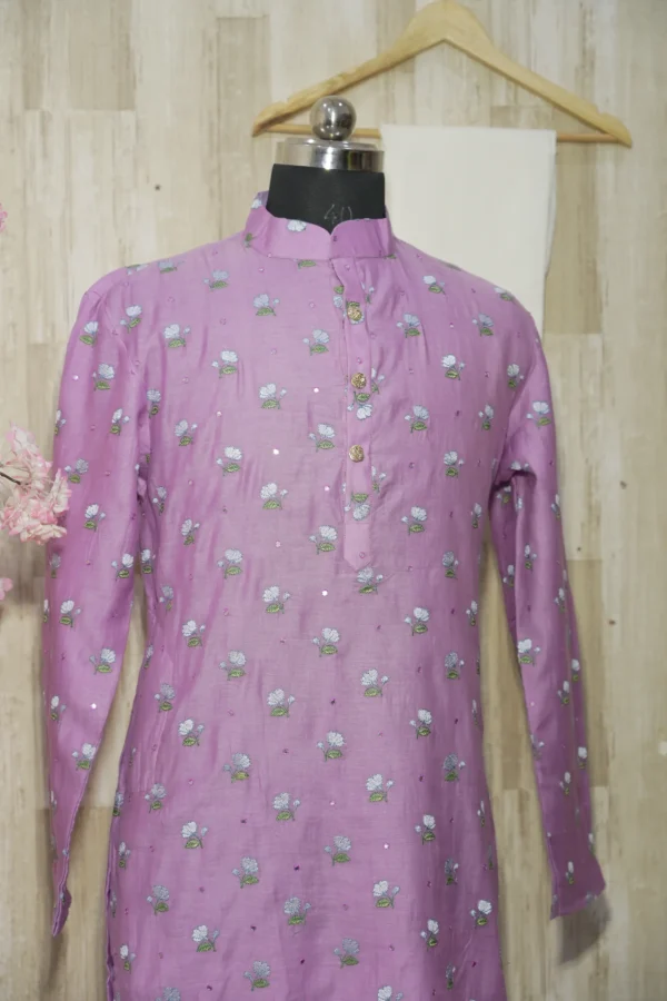 Lavender Floral Embroidered Cotton Kurta