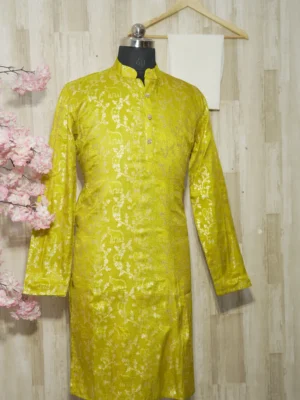 Golden Lime Silk Brocade Kurta with Intricate Zari Work
