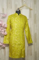 Golden Lime Silk Brocade Kurta with Intricate Zari Work