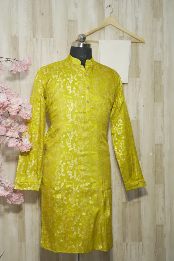 Golden Lime Silk Brocade Kurta with Intricate Zari Work