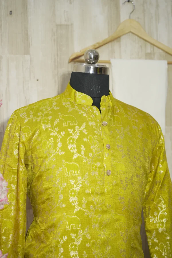 Golden Lime Silk Brocade Kurta with Intricate Zari Work