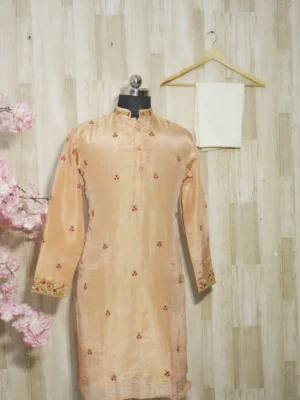 Peach Silk Embroidered Festive Kurta Set