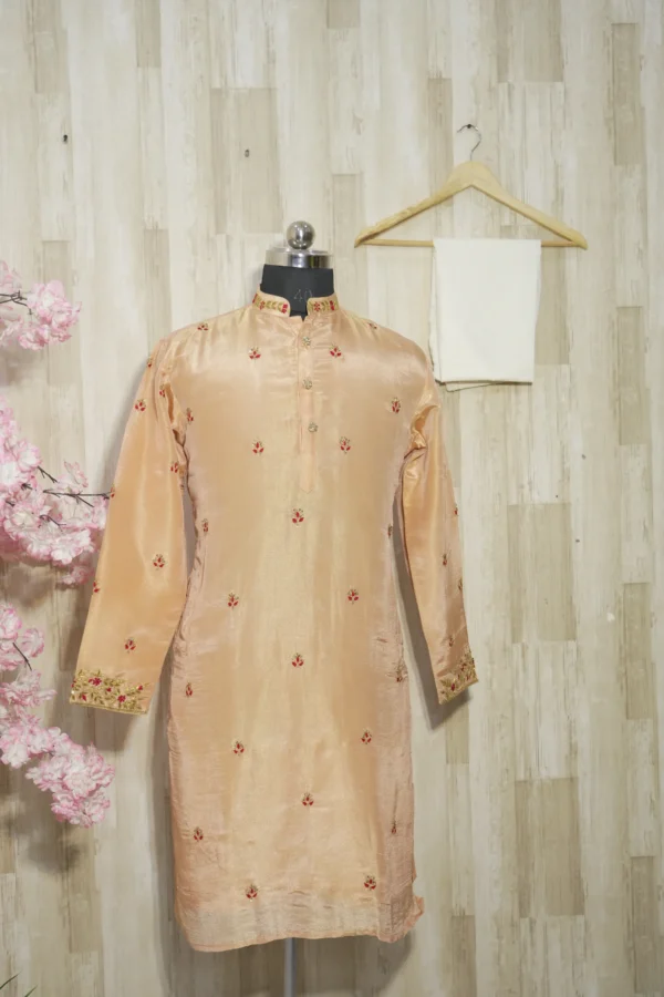 Peach Silk Embroidered Festive Kurta Set
