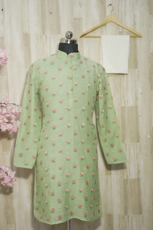 Pastel Green Floral Embroidered Cotton Kurta