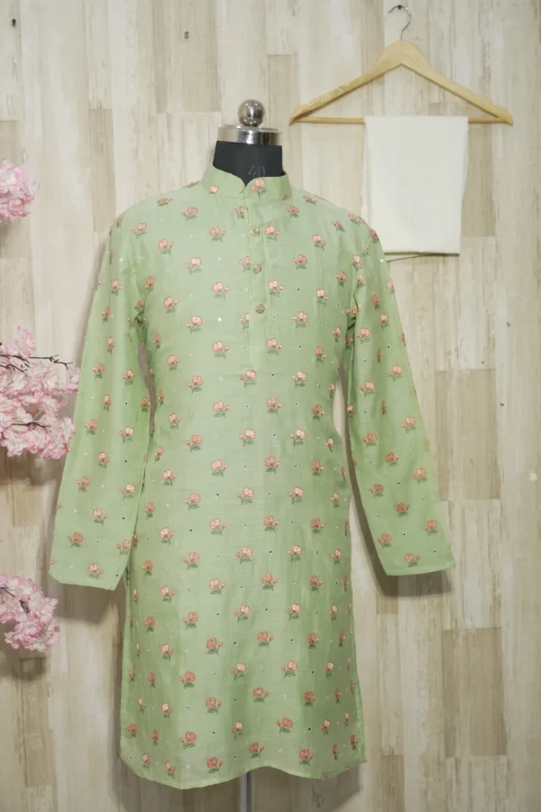 Pastel Green Floral Embroidered Cotton Kurta
