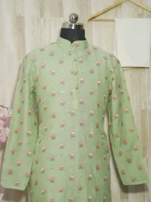 Pastel Green Floral Embroidered Cotton Kurta