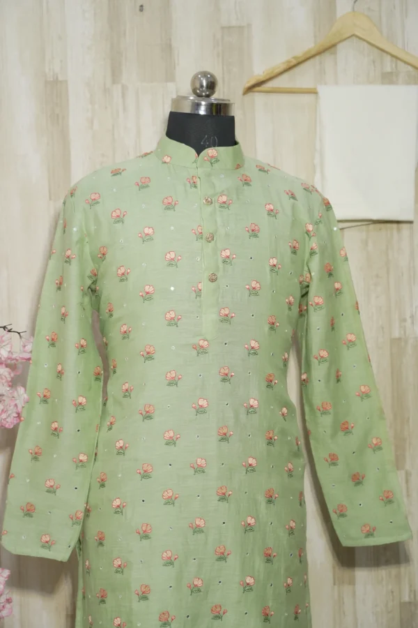 Pastel Green Floral Embroidered Cotton Kurta