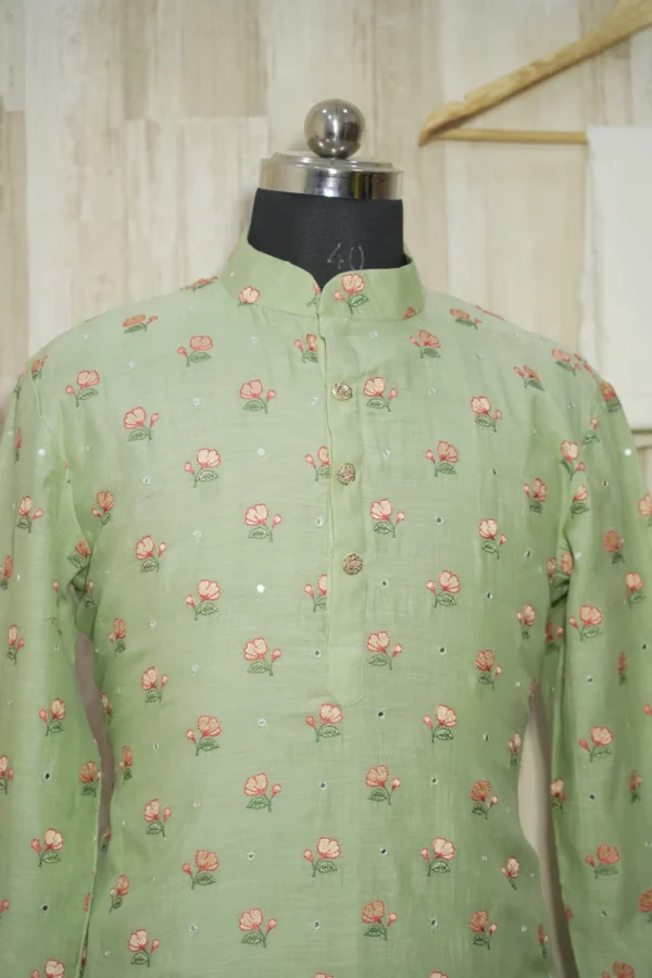 Pastel Green Floral Embroidered Cotton Kurta