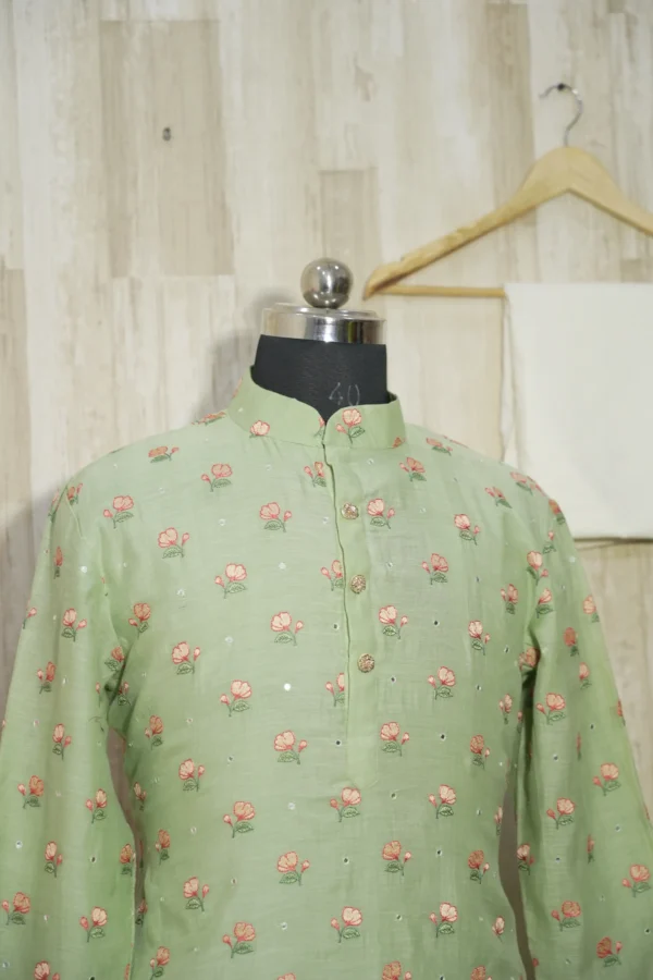 Pastel Green Floral Embroidered Cotton Kurta