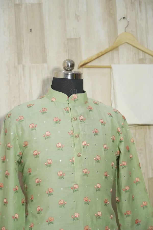 Pastel Green Floral Embroidered Cotton Kurta