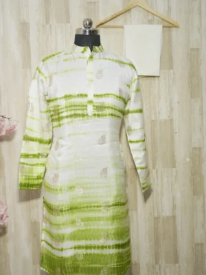 Lime Green & White Ombre Silk Kurta Set