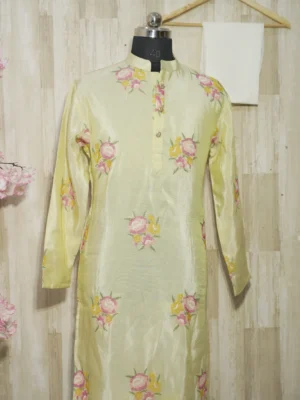 Light Yellow Silk Floral Embroidered Kurta Set