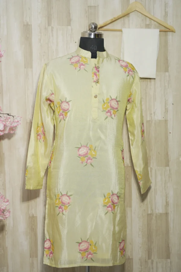 Light Yellow Silk Floral Embroidered Kurta Set