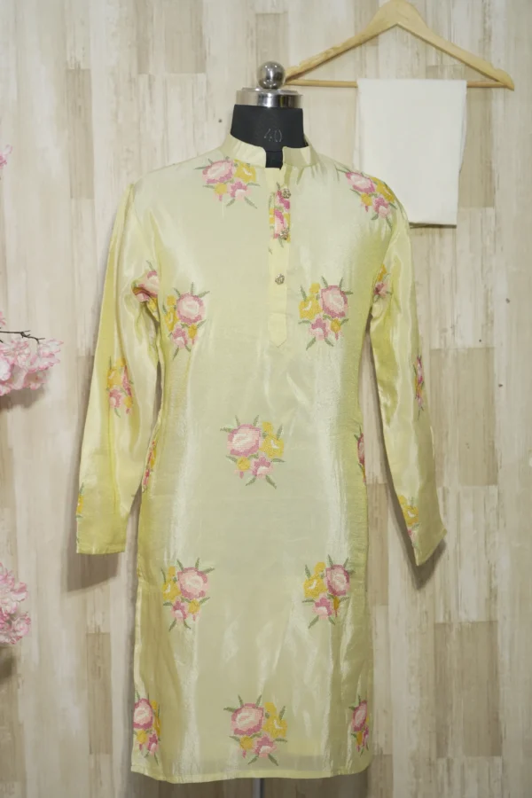 Light Yellow Silk Floral Embroidered Kurta Set
