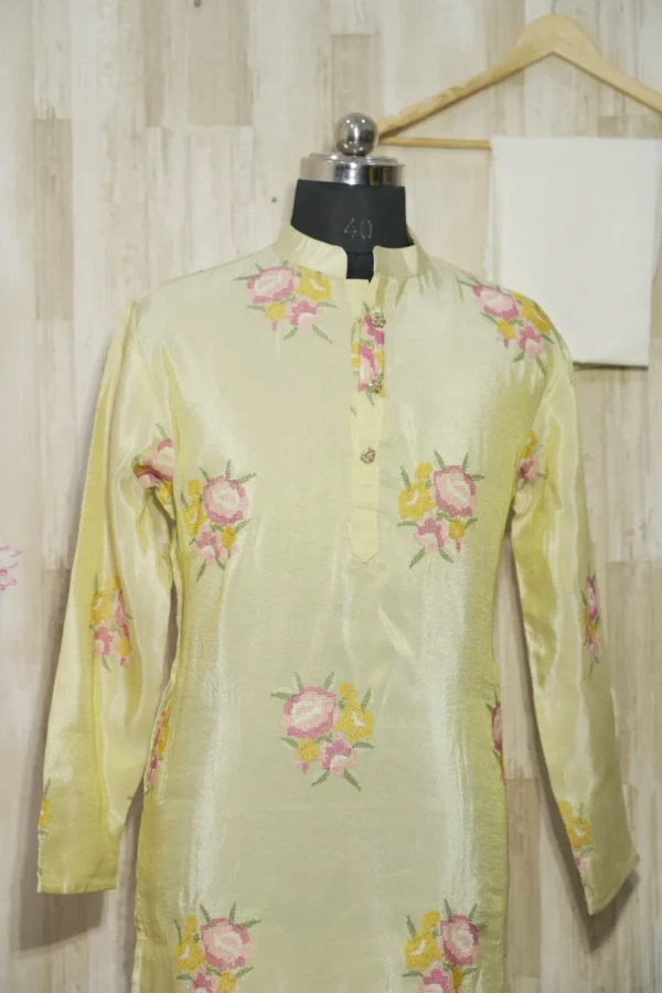 Light Yellow Silk Floral Embroidered Kurta Set