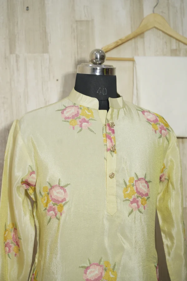 Light Yellow Silk Floral Embroidered Kurta Set