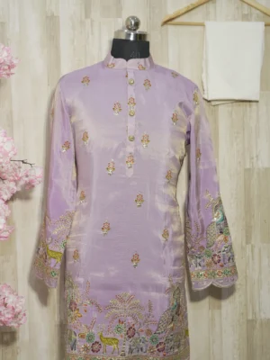 Elegant Mint Green Floral Embroidered Silk Kurta