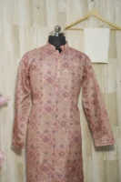 Rust Pink Ikat-Weave Silk Kurta with Subtle Golden Accents