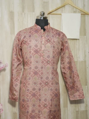 Rust Pink Ikat-Weave Silk Kurta with Subtle Golden Accents
