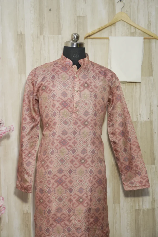 Rust Pink Ikat-Weave Silk Kurta with Subtle Golden Accents