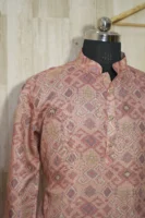 Rust Pink Ikat-Weave Silk Kurta with Subtle Golden Accents