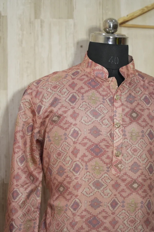 Rust Pink Ikat-Weave Silk Kurta with Subtle Golden Accents