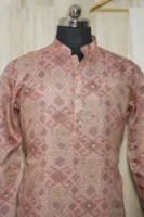 Rust Pink Ikat-Weave Silk Kurta with Subtle Golden Accents