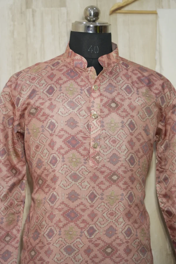 Rust Pink Ikat-Weave Silk Kurta with Subtle Golden Accents