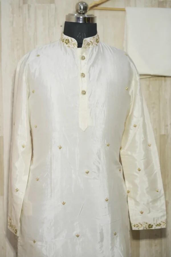 Elegant Ivory Silk Kurta with Subtle Golden Embroidery