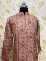 Rust Pink Ikat-Weave Silk Kurta with Subtle Golden Accents