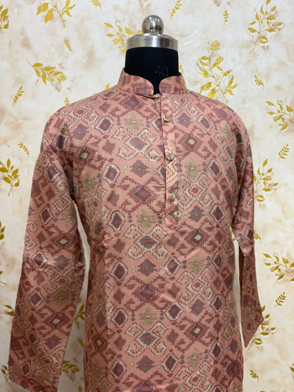 Rust Pink Ikat-Weave Silk Kurta with Subtle Golden Accents